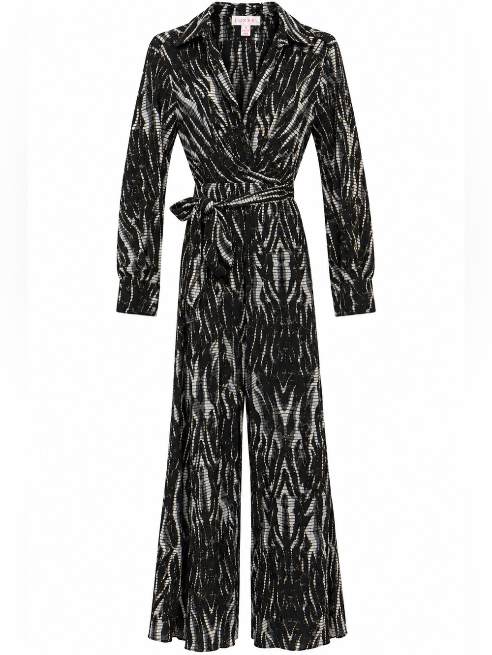 LUXXEL Black Multi Metallic Abstract Wrap Jumpsuit Size M NWT